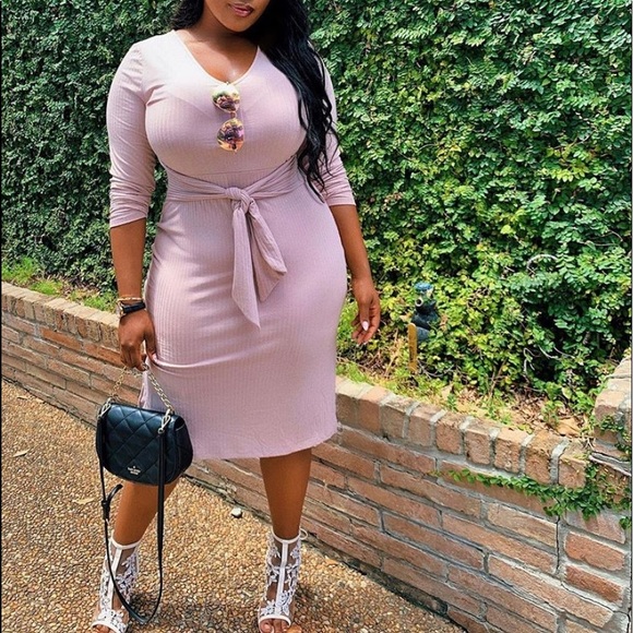 Plus Size Beige Tan Ribbed Midi Bodycon Dress - Picture 1 of 6